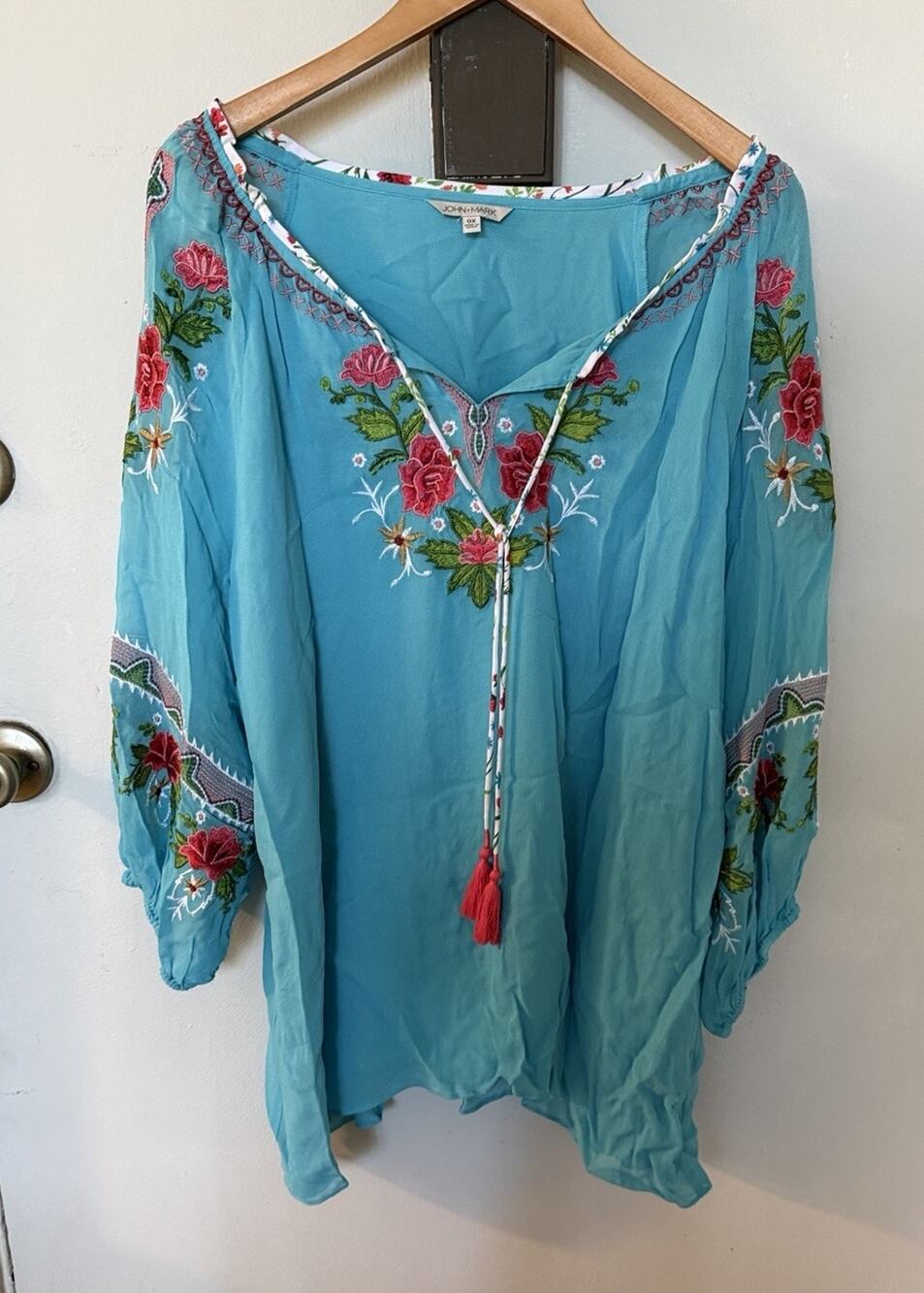 John MarkWomen's Blue Embroidered Tunic Blouse Tie Neck Tassels 0X Plus